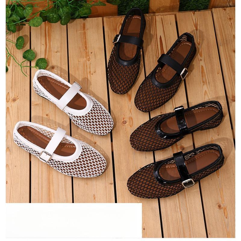Round Headed Mesh Hollowed Out Single Button Shoes for Women, Comfortable Flat Shoes, Fishing Net Shoes