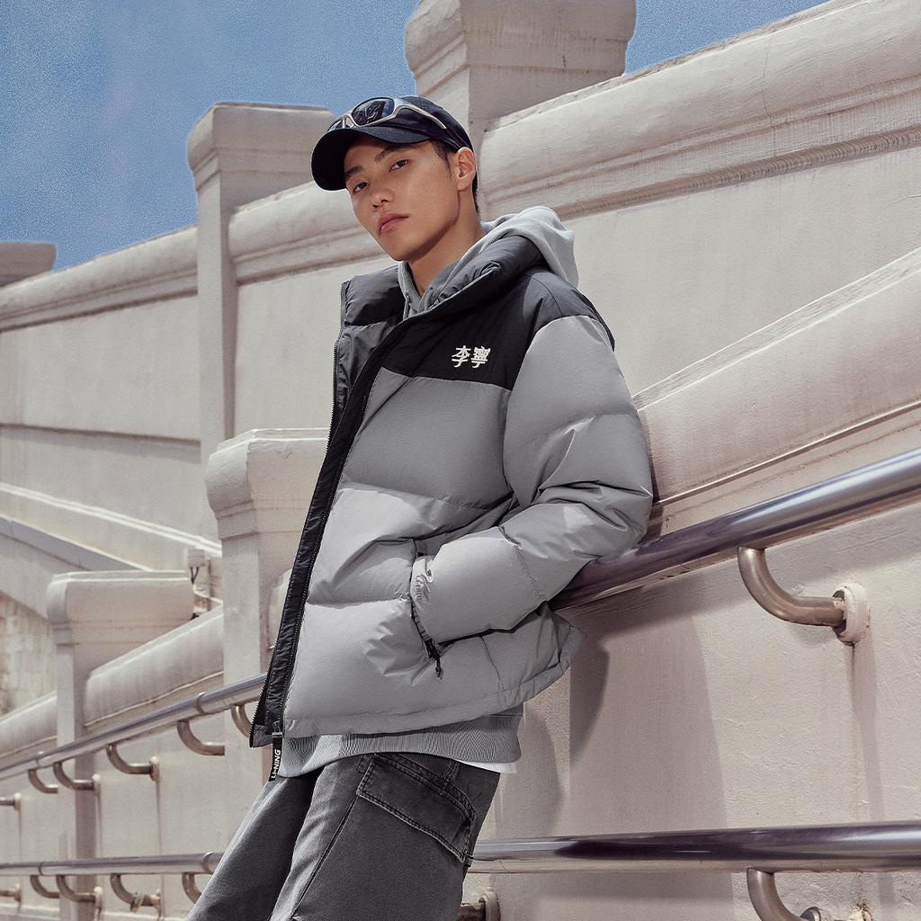 Li Ning Hot Pot Down Jacket Series Loose Short Stand Collar Zipper Long Sleeve Down Jacket Unisex Outerwear Thunder-Gray AYMV855-5