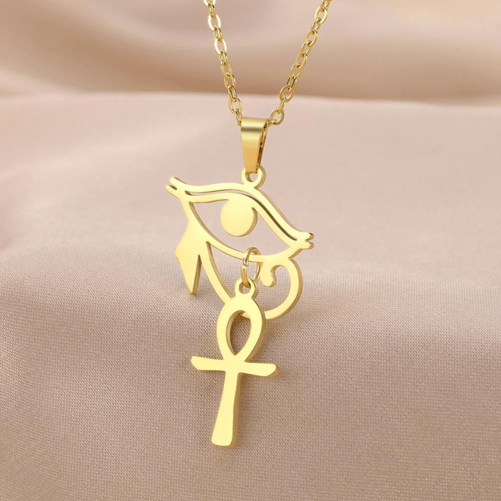 Dawapara Eye of Horus with Ankh Cross Necklace Key of Life Protection Ancient Egypt Jewelry Stainless Steel Necklace