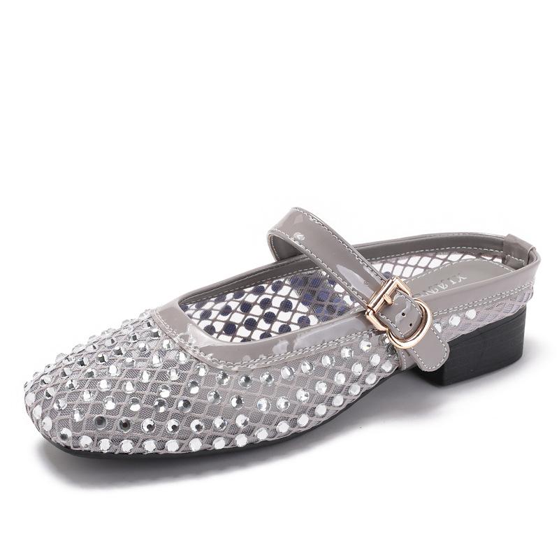 Fashion Crystal Studded Mesh Breathable Shoes Fashion Square Head Shallow Mouth Mary Jane Shoes Elegant Office Ladies Low Heel Pumps