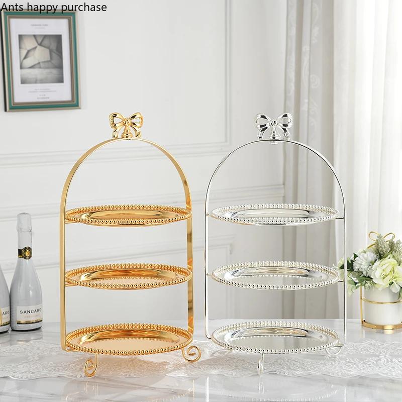 Single Layer Two Layers Three Layers Bow Metal Cake Stand Gold Silver Round Pearl Dessert Cake Pan Fruit Tray Display Stand