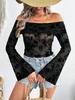 Women Knit Mesh Floral Top Off Shoulder Bell Sleeve Slim Long Sleeve Daily Wear