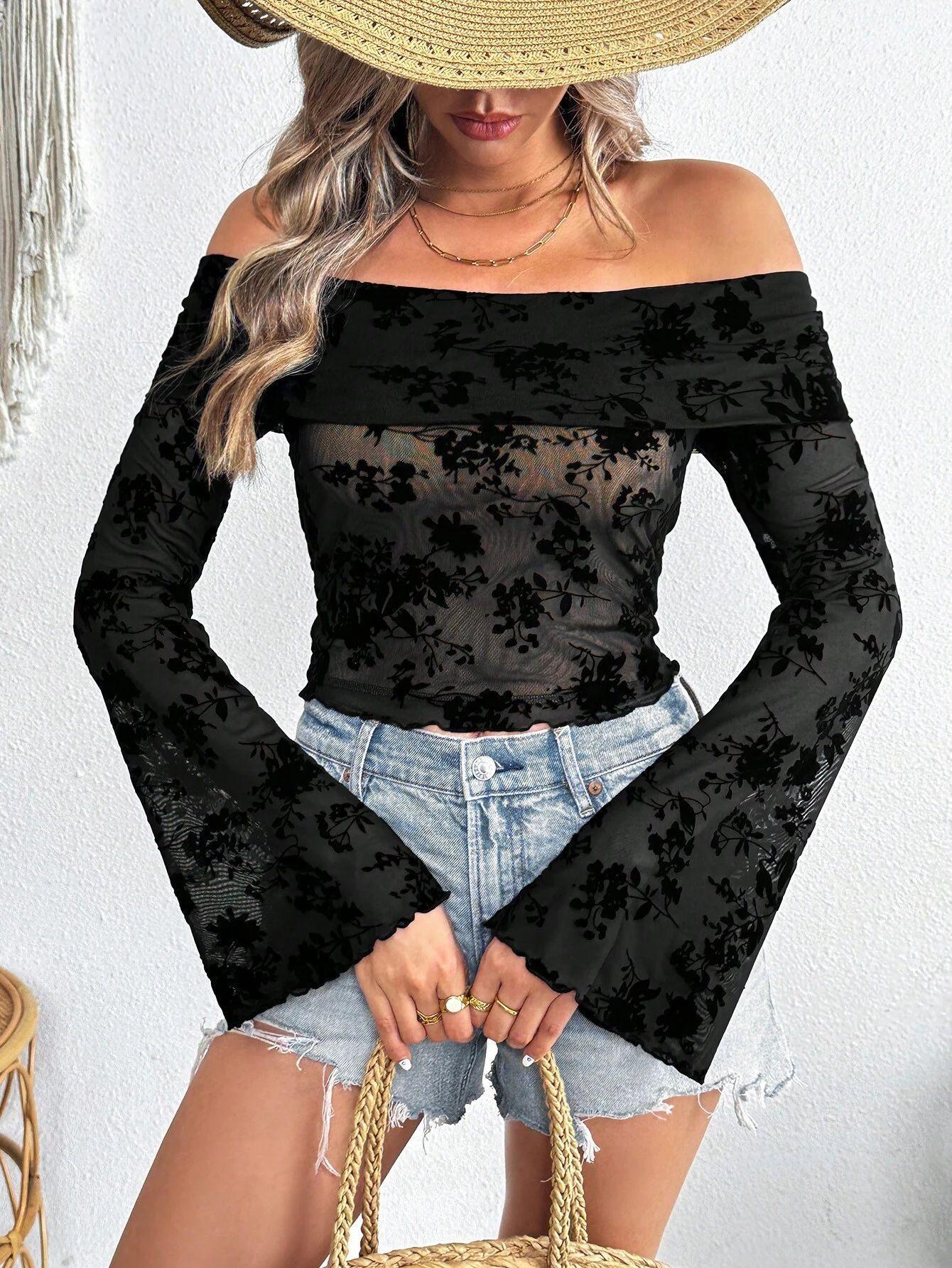 

Women s Knit Mesh Flocked Floral Print Off Shoulder Bell Sleeve Slim T Shirt Top Women Fashion Daily Basic Casual Slim Fit Ladies Elegant Top S чёрный
