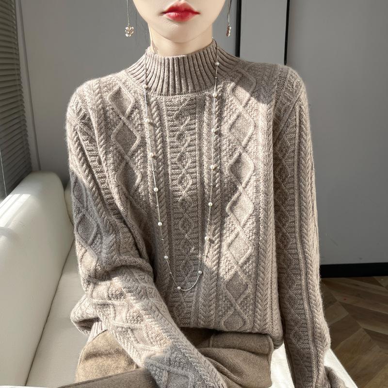 Thickened New Pullover Autumn and Winter Half Turtleneck Knitted Seven-needle Twisted Long-sleeved Ready-made Woolen Sweater