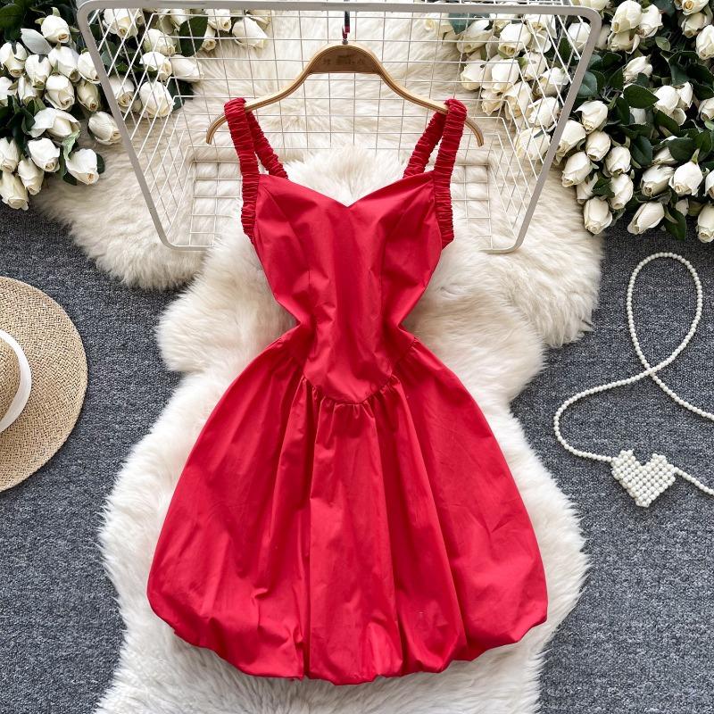 French retro halter dress for women's summer slimming and flower-bud puffy dress