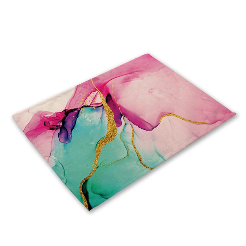 Green Rose Pink Marble Printing Linen Placemat for Dining Table Drink Coaster Home Decor Dining Mat Modern Kitchen Cup Pads