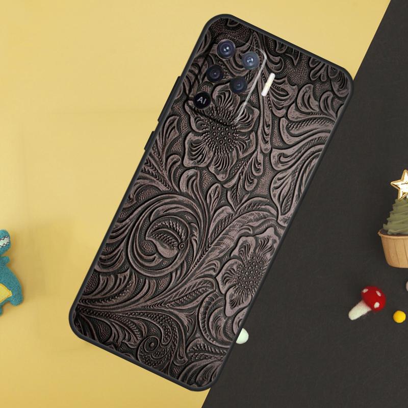 Brown Tooled Leather Pattern Case For Oppo A58 A78 A98 A18 A38 A74 A94 A54 A15 A17 A57 A6 A5 Pro A16 A76 A96 A40 A60 A80