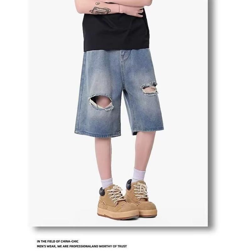 Vintage Distressed Denim Shorts Men Women Loose Straight Leg Streetwear Casual Pants