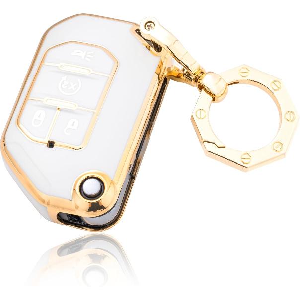 YHC for Jeep Key Fob Cover Car Key Case Shell with Gold Keychain fit Wrangler Gladiator JL JLU JT