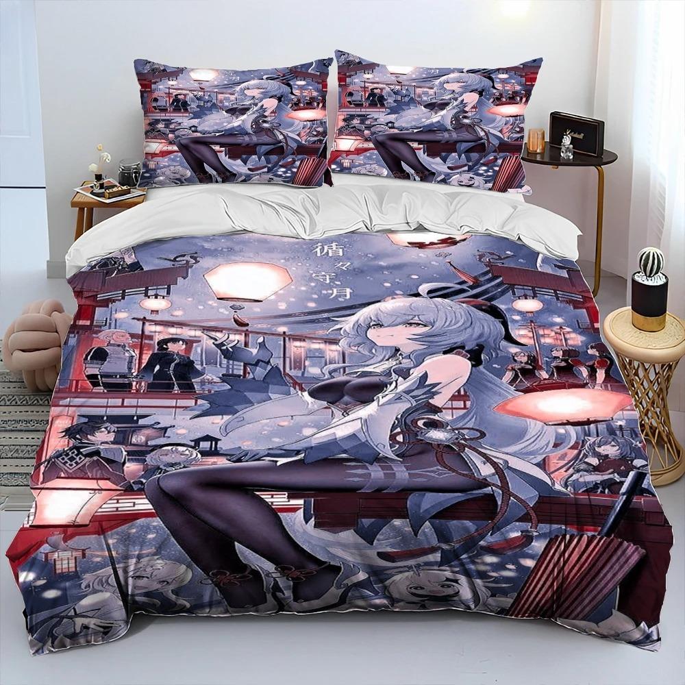 Genshin Impact Game Gamer Cartoon Comforter Bedding Set,Duvet Cover Bed Set Quilt Cover Pillowcase,king Queen Size Bedding Set