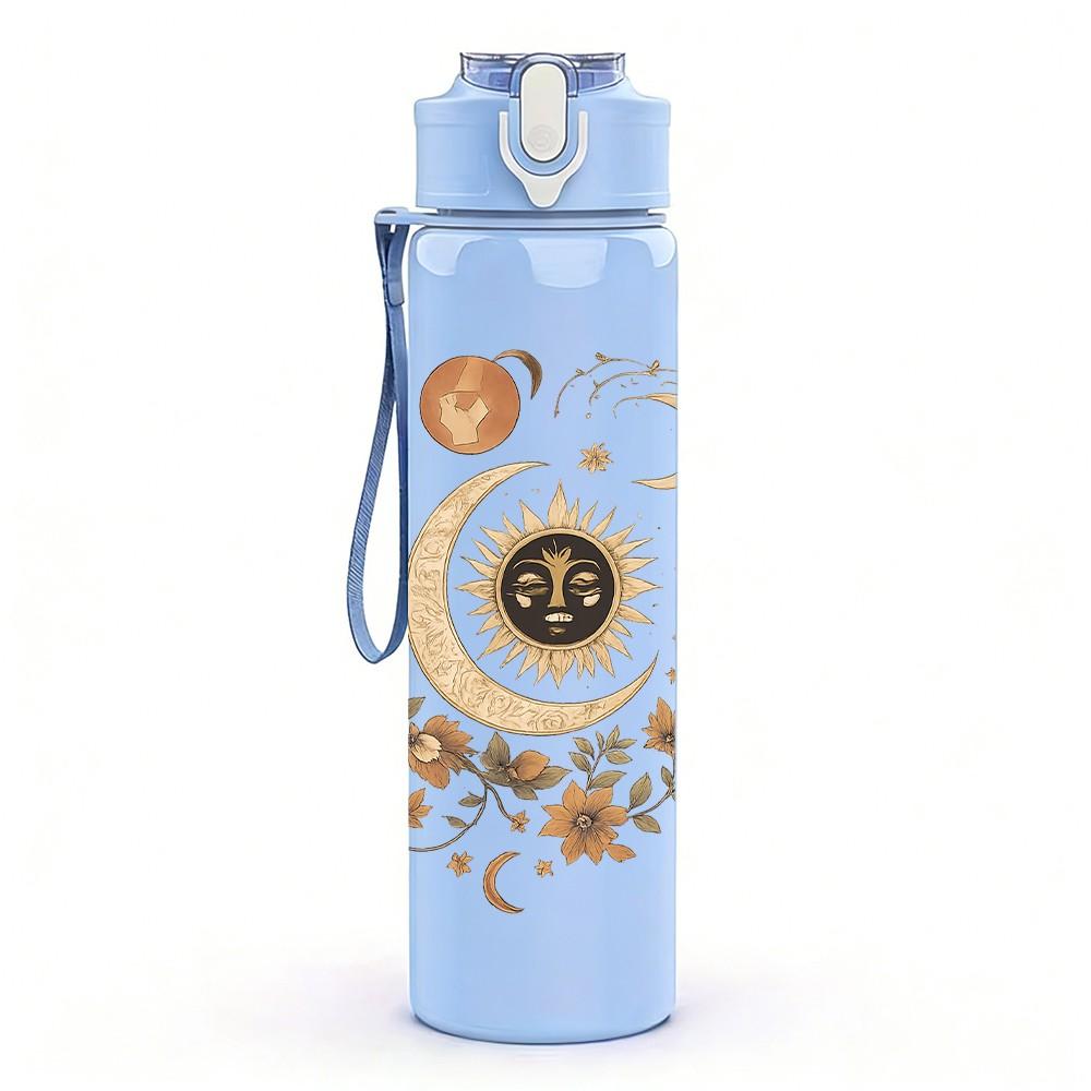 1PC Vintage Moon Star Pattern 750ml Color Plastic Sports Water Bottle Leakproof Flip Straw Lid Suitable for Sports Office Home Use