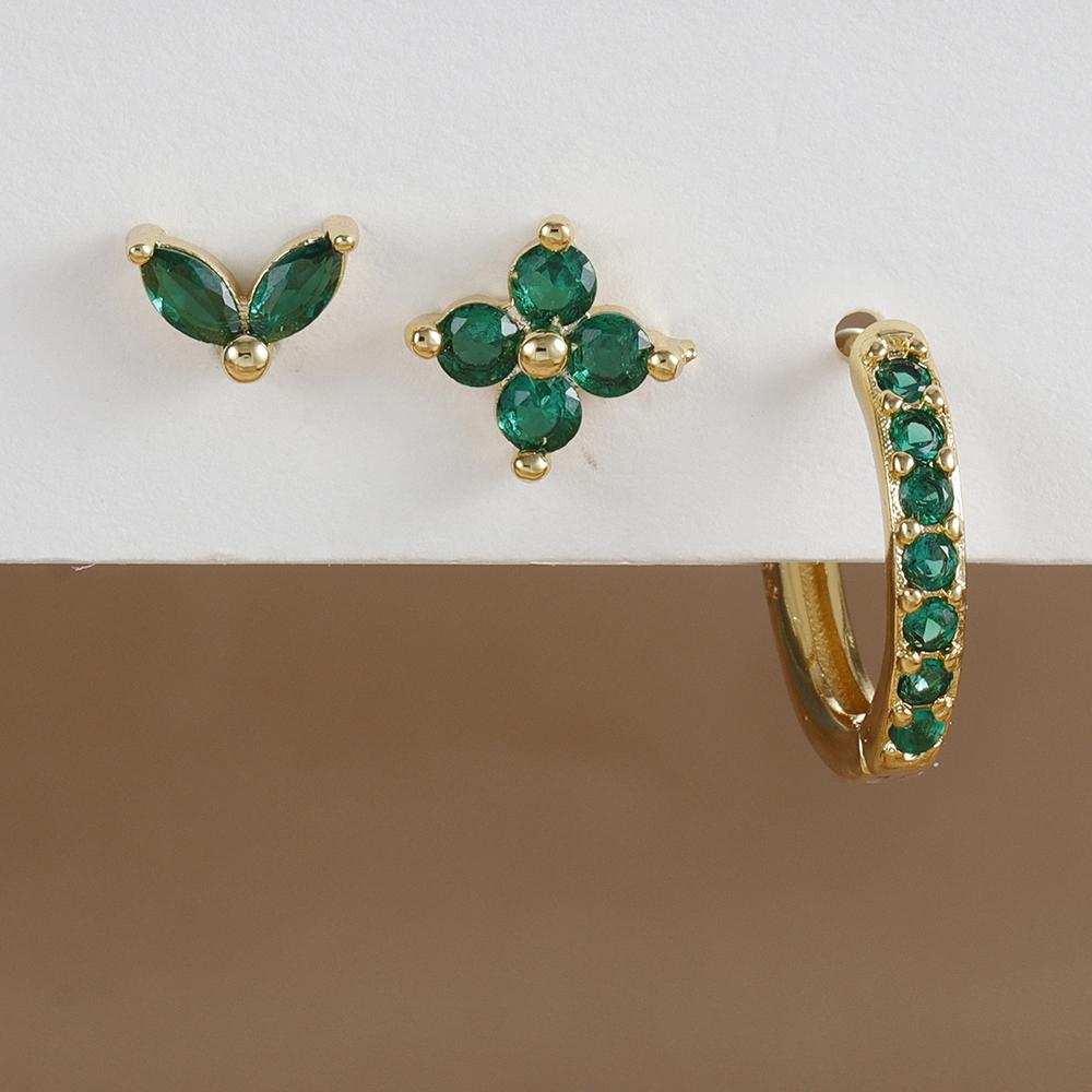 3-teiliges Set aus minimalistischen Creolen aus Edelstahl für Frauen, 10 mm, grüner Zirkonia, Blumenohrstecker, hypoallergener Modeschmuck