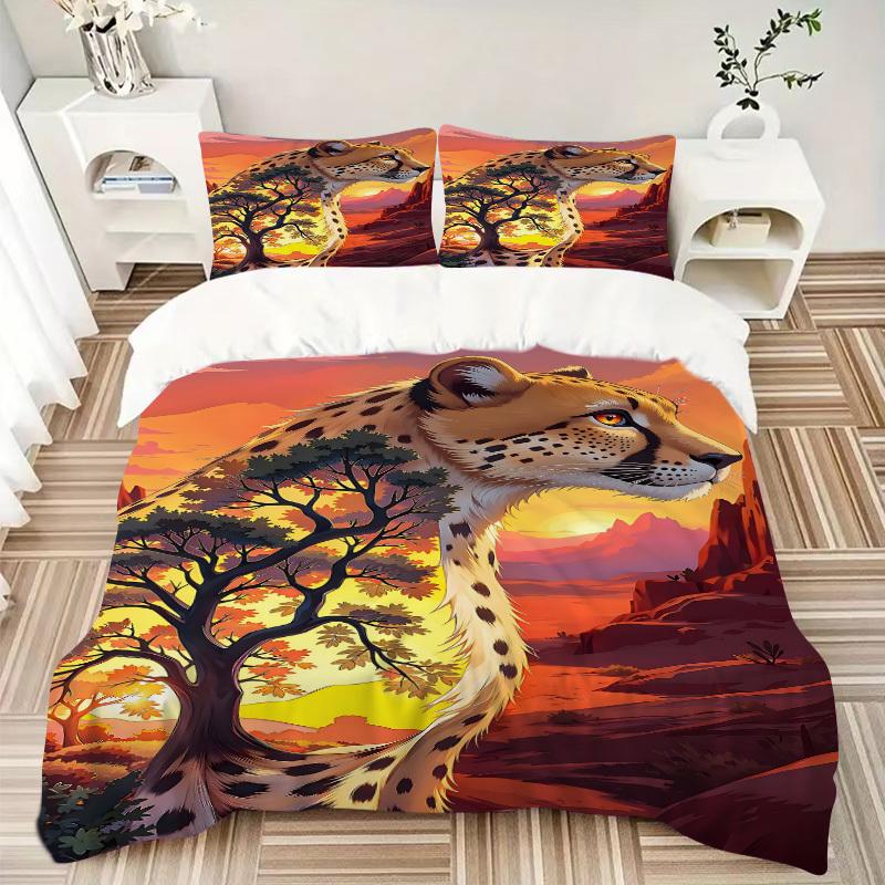3pcs Cheetah Print Bedding Set - 1 Duvet Cover + 2 Pillowcases(Core Not Included), Machine Washable Polyester yy251216105