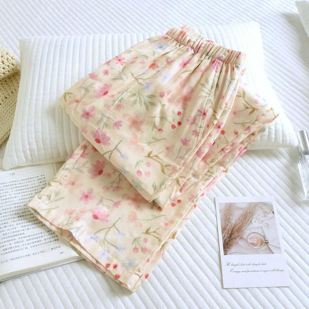 2026 Nya Vår och Höst Dam Pyjamasbyxor 100% Bomull Flerfärgade Mönstrade Byxor Casual Lösa Stora Hembyxor underdelar