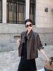 2025 Autumn Retro HK-Style Brown Stand-Up Collar Slimming PU Leather Jacket for Women - Loose Casual Fit