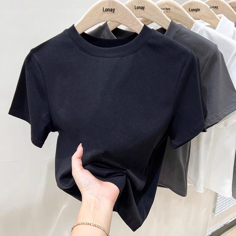 2025 Summer Minimalist European Women's Short Sleeve Round Neck Cotton T-shirt