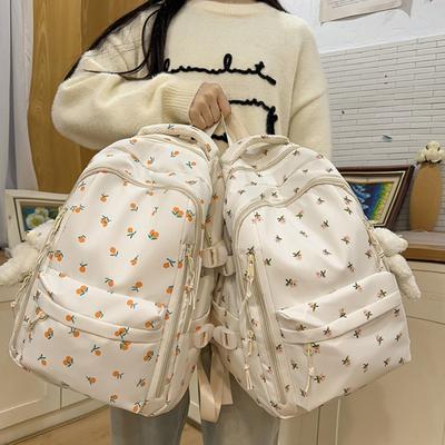 Floral Backpack for Girls Large Capacity Backpack with Padded Shoulder Straps Bear Pendant Fruit Print Schoolbag for Travel College