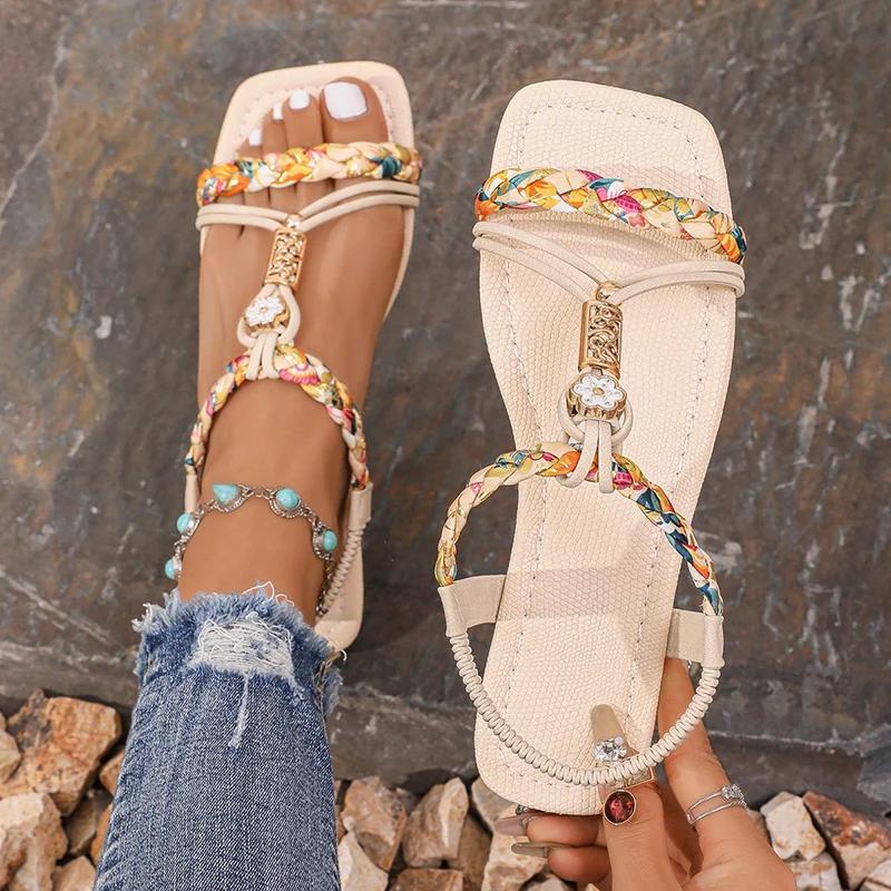 Fashion Fashion Flower Beaded Bohemian Sandals Women Square Toe Printing Braided Flat Sandals Woman 2025 Summer Comfortable Beach Shoes