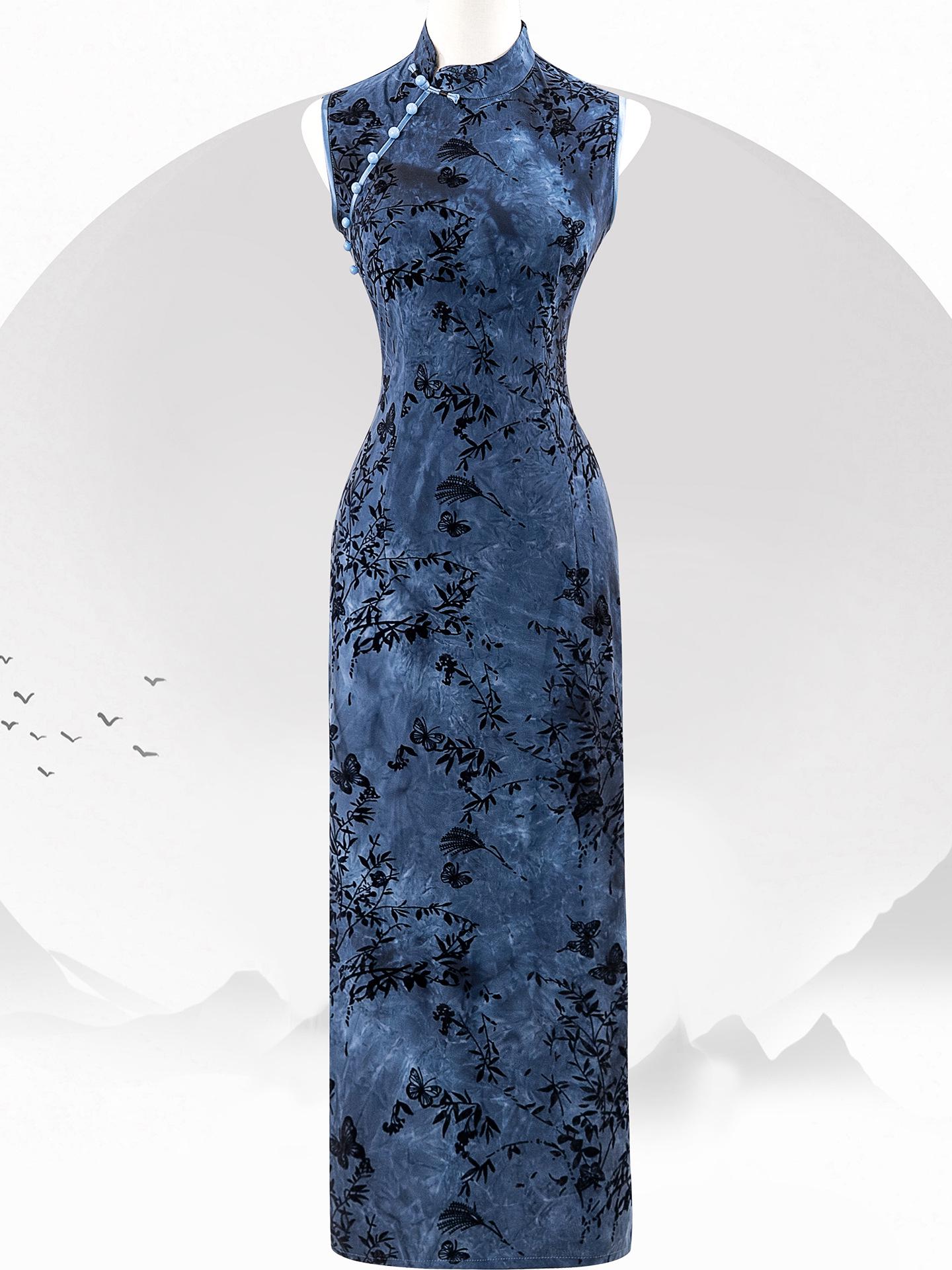 

2025 New Navy Blue Sleeveless Girl s Retro Qipao Flocked Dress Extra Large