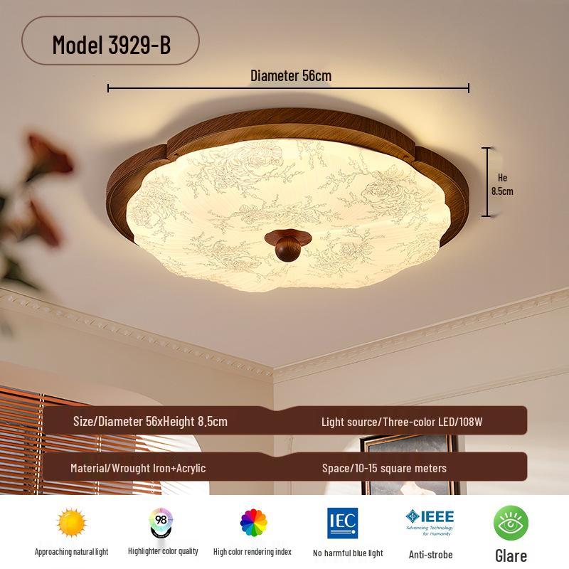 Chinese Style Walnut Wood Grain Ceiling Light for Study or Master Bedroom, Retro Wabi-Sabi Design, Eye Protection