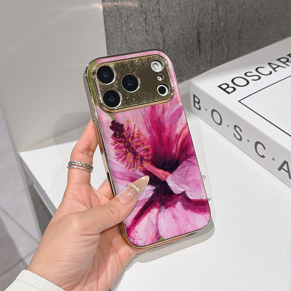 Lucky Start Phone Case For iPhone 17 16 15 14 13 12 11 Pro Max 16E Gold Electroplated glass shell Blush Hibiscus Cover
