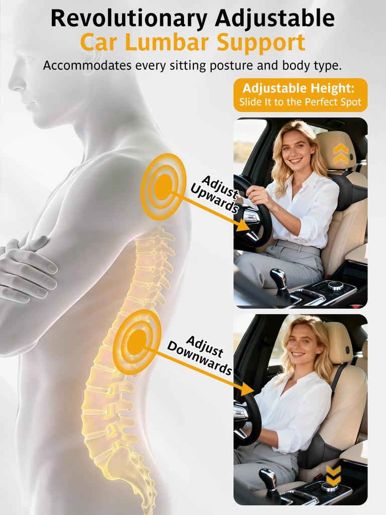 Adjustable Car Seat Lumbar Support Dual Strap Memory Foam Back and Lumbar Support Cushion with Convex Dot Design and Removable Cover for Driving