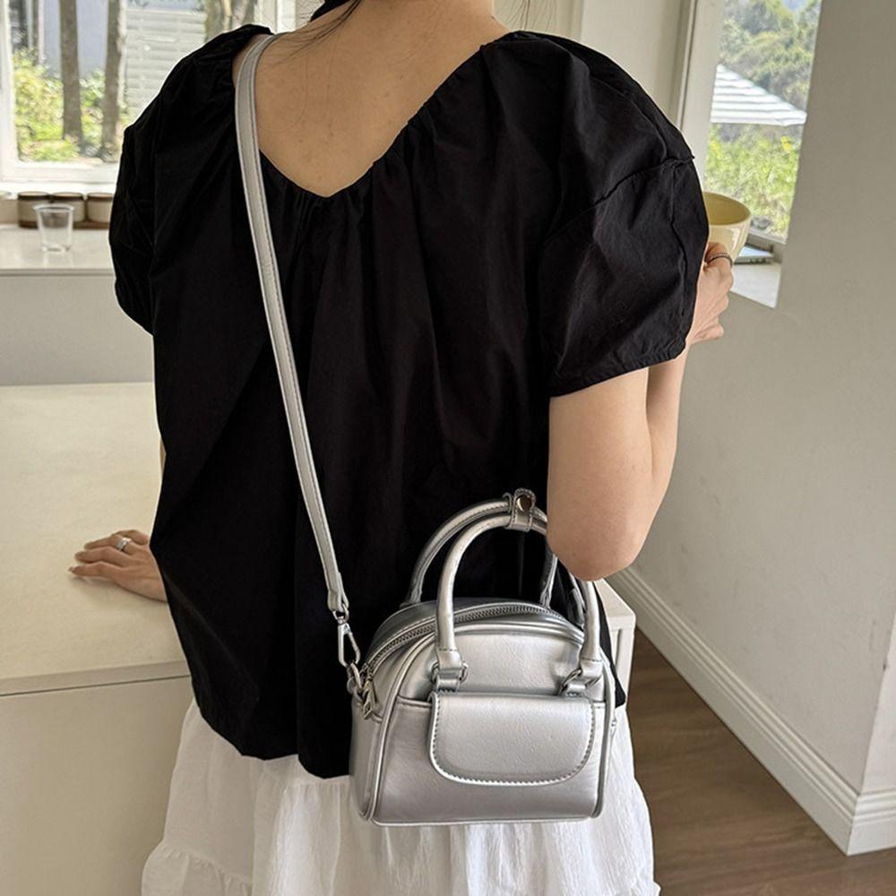 PU Leather PU Bowling Bag Makeup Bag Boston Bag Elegant Silver Handbag  Travel