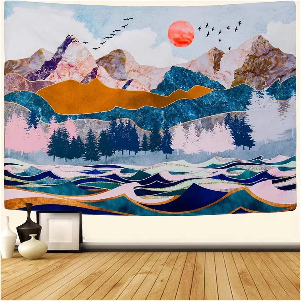 Mountain Tapestry Forest Tree Tapestries Sunset Nature Landscape Wall Hanging Abstract Wall Tapestry for Living Room Dorm Decor