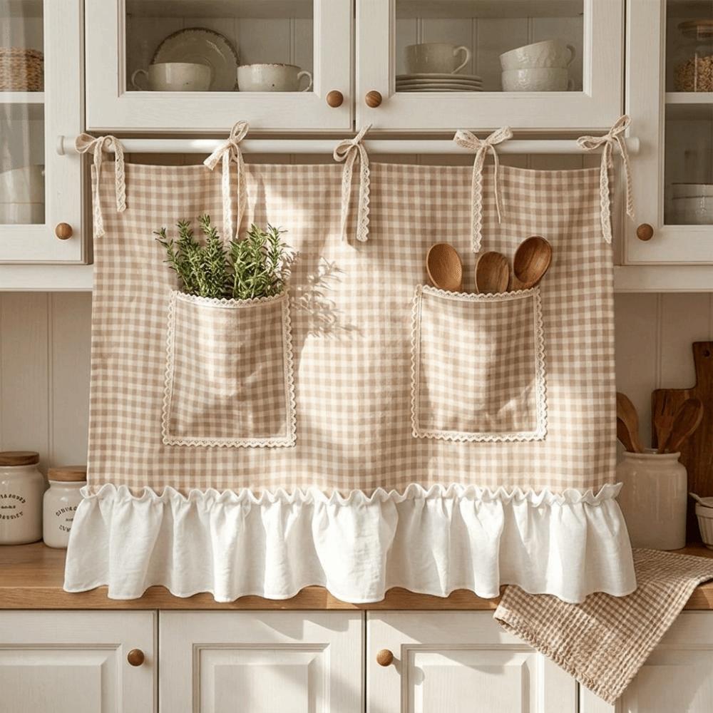 with Ties Coffee Machine Half Curtain Ruffled Trim Kitchen Stove Cover Skirt Cabinet
