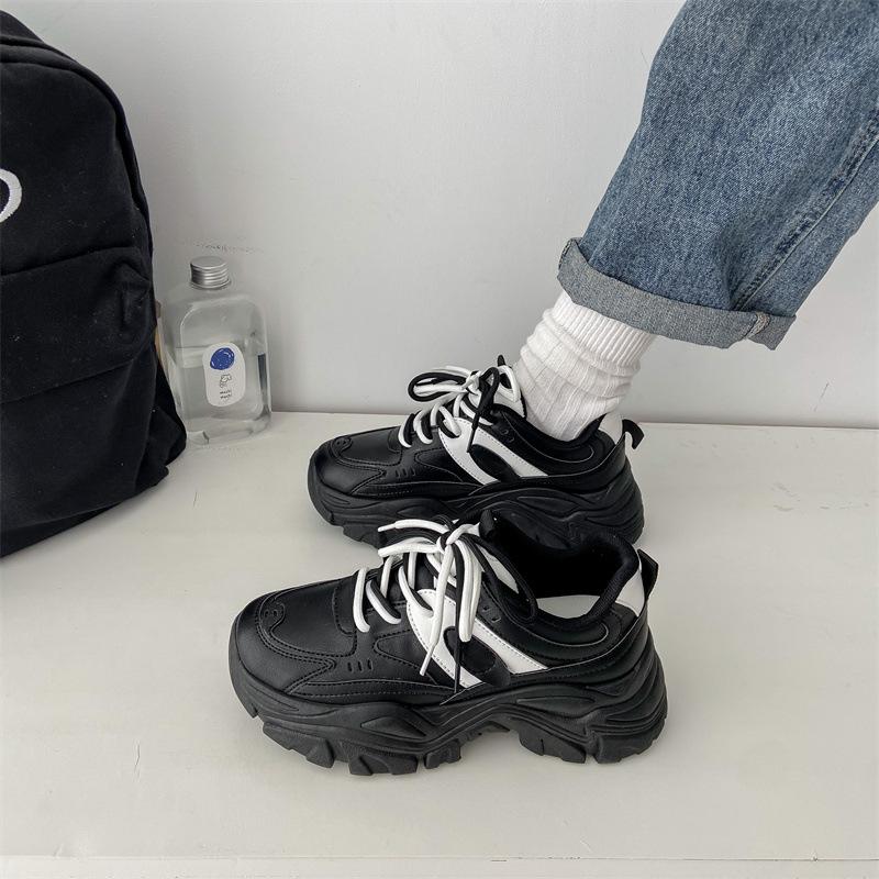 Daddy Shoes Women's  Autumn New Leather Double Lace Casual Sports Shoes with Thick Bottom and Heightened All-match Round Toe