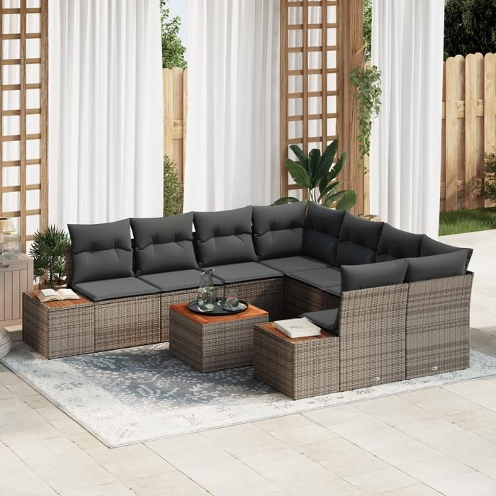 VidaXL Ensemble de canapé de jardin 9 pièces avec coussins en poly rotin gris et acacia 3348055
