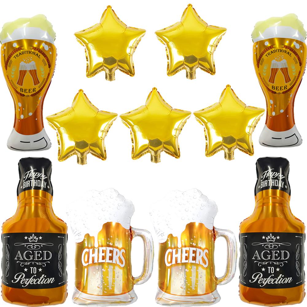 11 Pcs Whiskey Bottle and Beer Mug Foil Balloons Set, Wine Glass and 18 Inch Gold Star Mylar Balloons, Adult Men Birthday Party