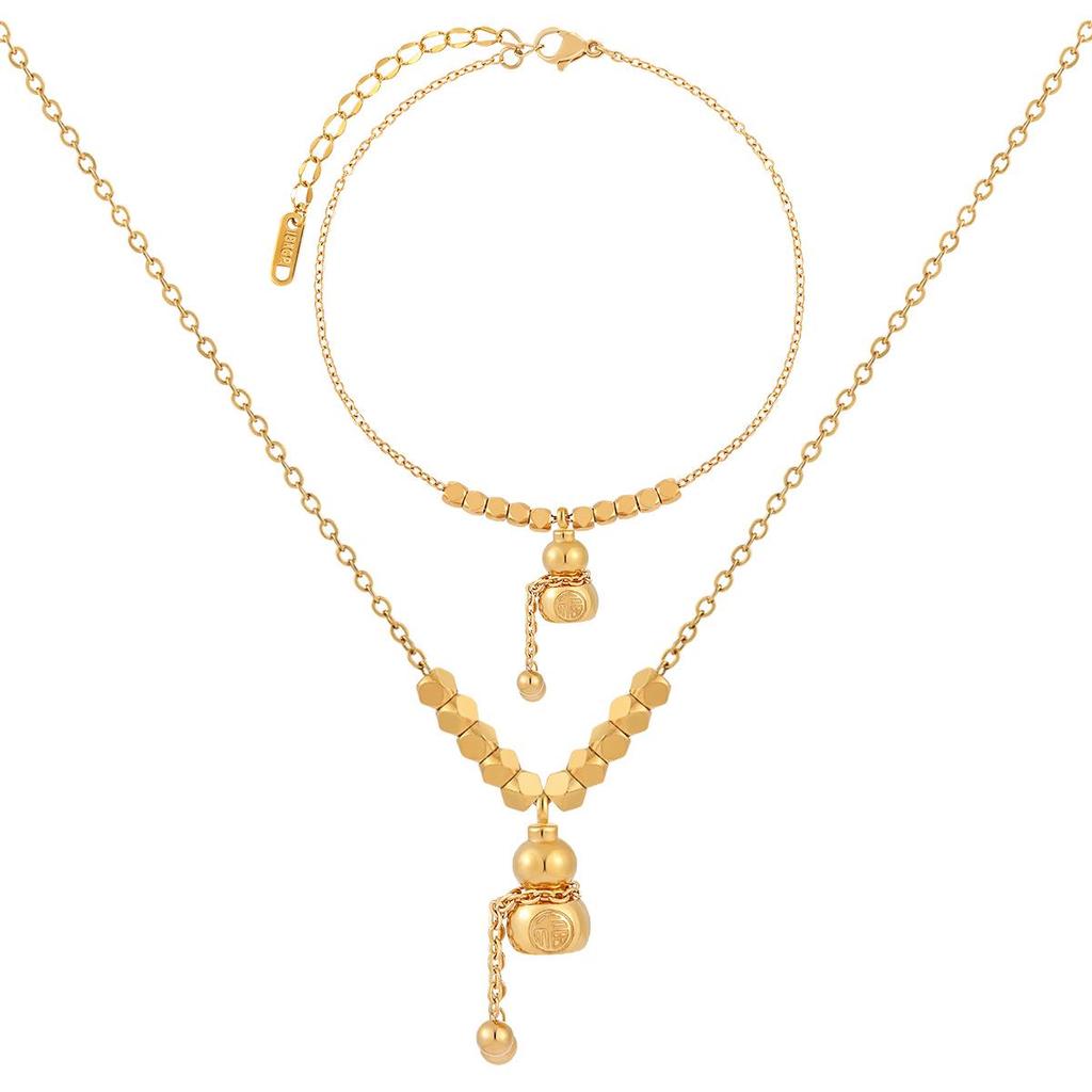 Elegant Geometric Fu Character Gourd Necklace & Anklet Jewelry Set in Titanium Steel