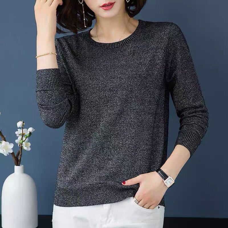 Shiny and Glittering Thin Sweater for Women Loose Knitted Sweater for Autumn Round-neck Pullover Long-sleeved Top