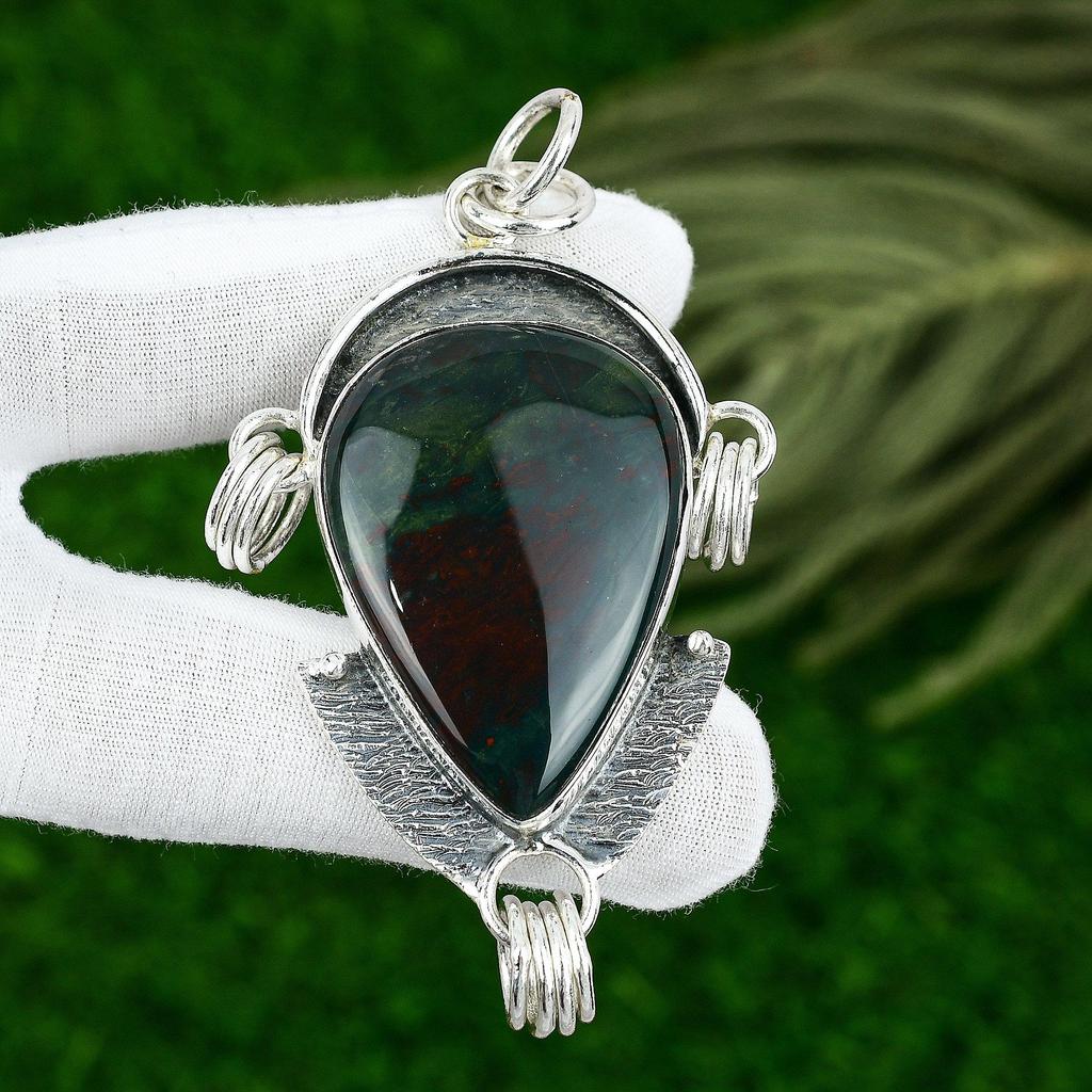 Sterling Silver Pear Natural Bloodstone March Wedding Daughter Pendant Jewelry