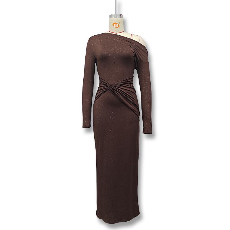 Chic European & American Off-Shoulder Pleated Long-Sleeve Maxi Dress
