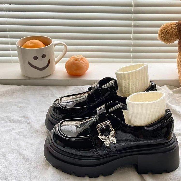 

Черные туфли на толстой подошве, женские, осень 2024 года, толстый каблук в британском стиле, закругленный носок, японские туфли-лоферы ik, одинарные туфли 40