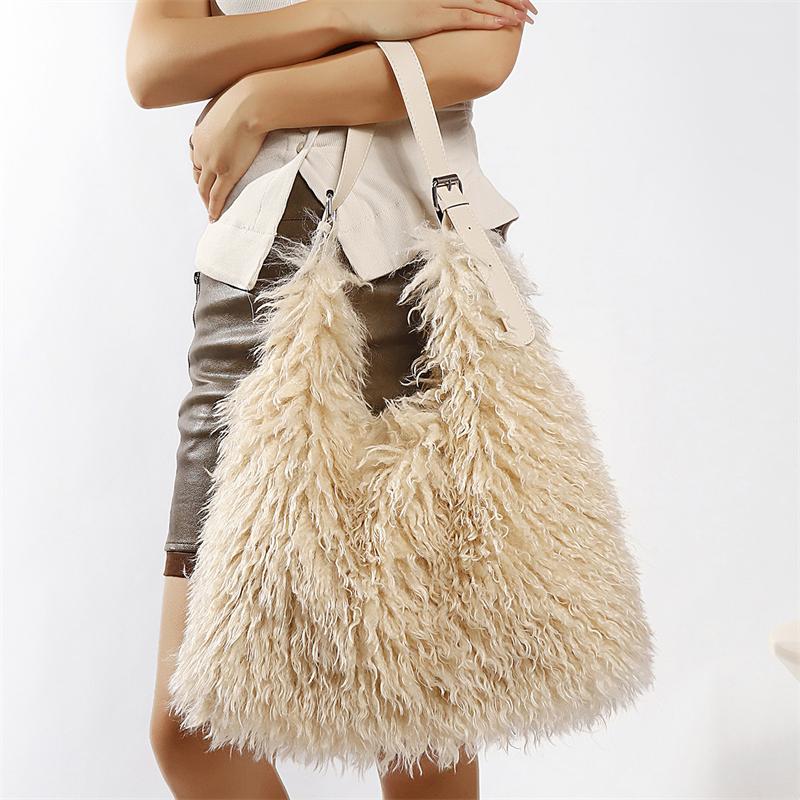 Yogodlns Large Capacity Fluffy Fur Shoulder Bag Y2k Fashion Plush Women Commute Shoulder Bag Tote Casual Winter Shopping Underarm Handbag