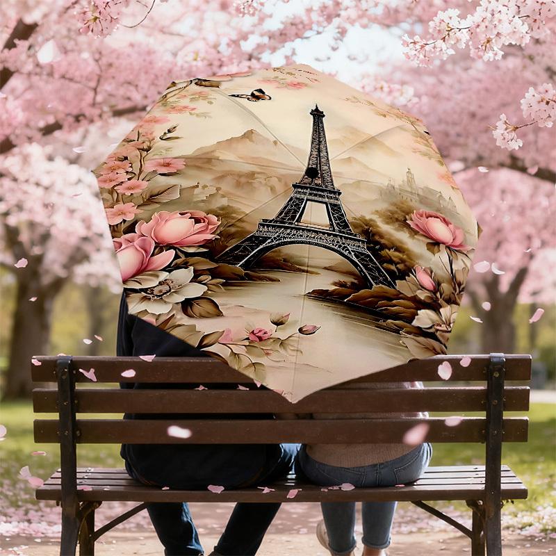 1PC Eiffel Tower Flowers Umbrella-8-Rib Reinforced, Automatic Open, Lightweight & Durable, Cute Fashion Accessory for Outdoor, Beach, or Casual Use, B