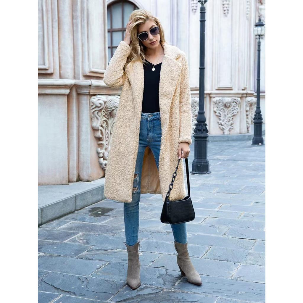 Ladies', Medium Length, Lapel, Woolen Jacket, Long Sleeved, Solid Color, Loose Fit, Casual Jacket