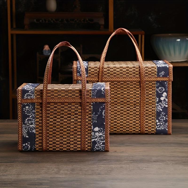 1pc Handcrafted Bamboo Picnic Basket With Handles, Rectangular Retro Style Foldable Bamboo Bag For Snacks & Fruits, Portable Woven Basket With Lid