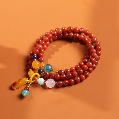 Natural Three-ring Full-bead Southern Red Agate Bracelet with a Natural-shaped Beeswax Pendant, Multi-ring Bracelet, Jewelry