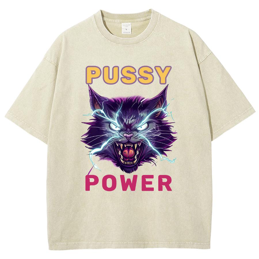 Power Cat Print Wash Women's T-Shirt Oversized Y2K Trend Hip Hop Retro Short Sleeve Harajuku Casual Top Summer