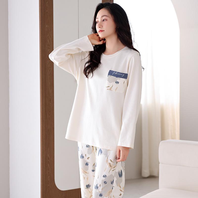 Women'S Pajamas Long-Sleeved Pure Cotton Pullover Simple Set Loose Large Size Casual Cotton Loungewear