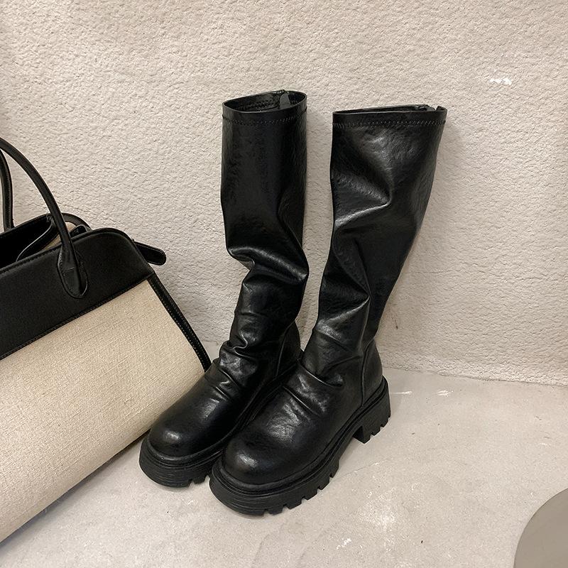 ~ Autumn and winter new thick-soled thick-heeled pleated medium and high elastic stacking boots women's knee boots