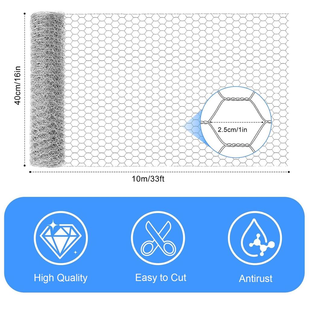 Chicken Wire Mesh Roll 40cm x 10m, Galvanized Hexagonal Fencing Wire Mesh Garden Fence Protective Metal Net with Cutting Pliers, Gloves and 100 Cable