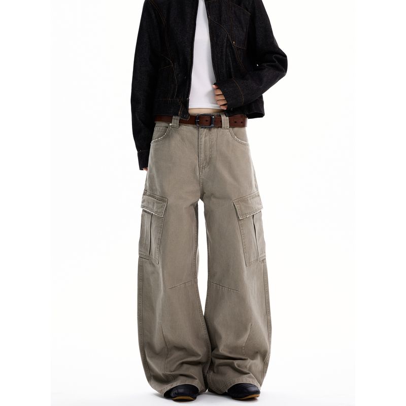 Kisko American Retro Washed Deconstructed Design Cargo Pants Unisex Trendy Loose Straight Casual Scimitar Pants
