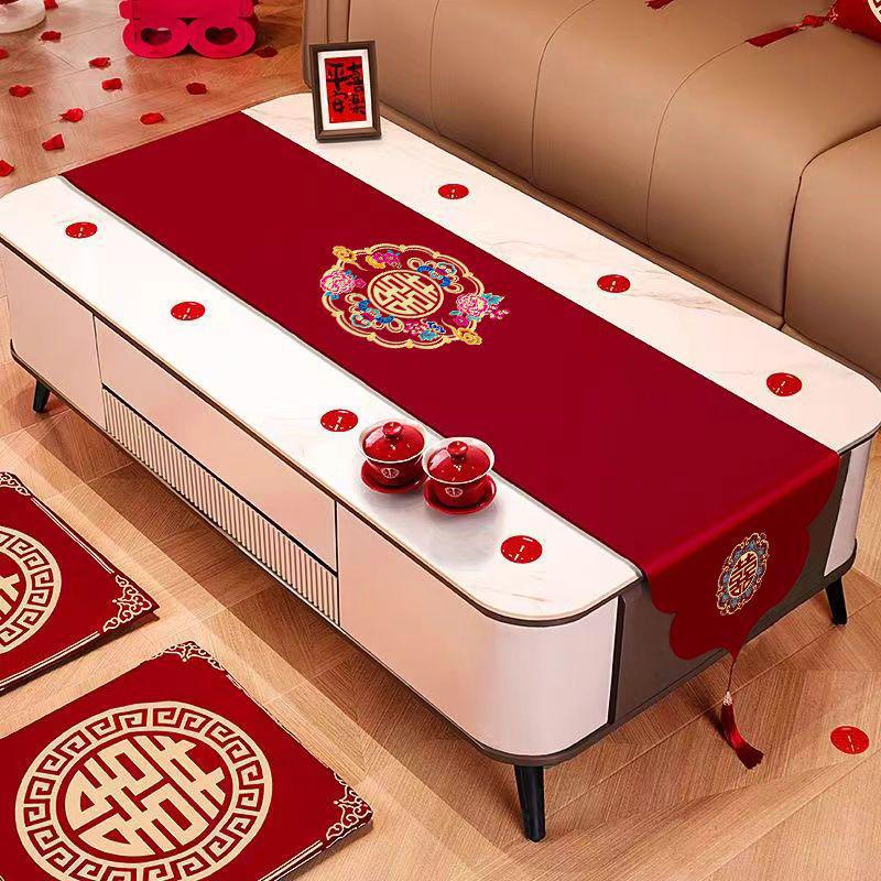 Red Double Happiness Wedding Table Runner - Chinese Dining Table & TV Cabinet Festive Decoration