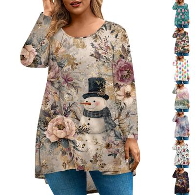 Women's Fashionable Casual Long Sleeved Plus Size  Print Top Plus Size Floral Print Top