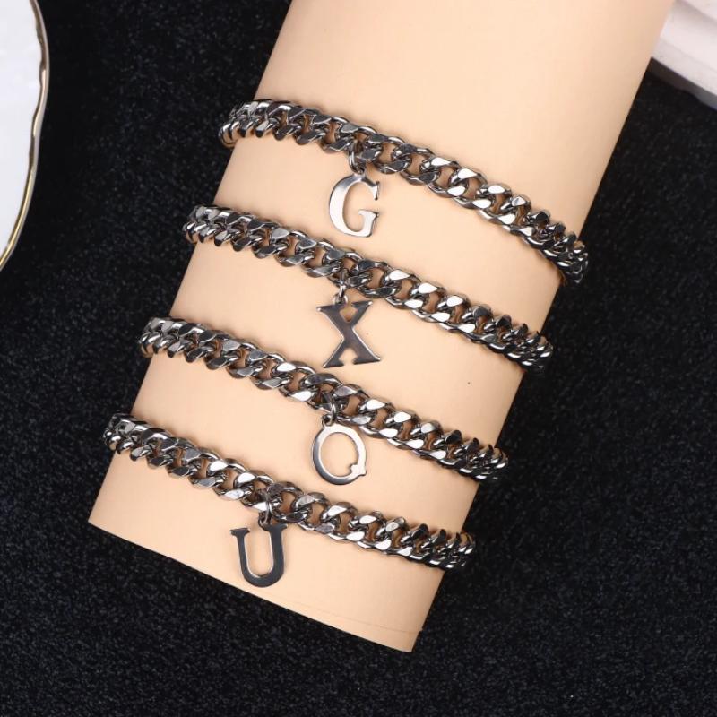 Mens Initials Links Bracelets Stainless Steel A-Z 26 Letters Alphabet Charm Chain Wristband Adjustable Casual Jewelry Gift